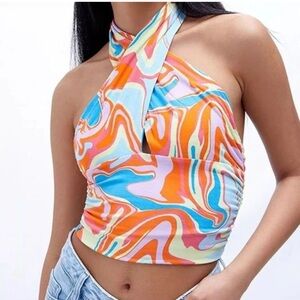 NWT PacSun Ocean Colorful Swirl Crisscross Halter Crop Top Size XS